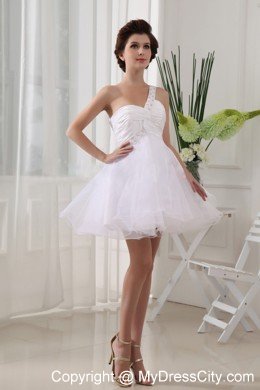 Organza Beaded One Shoulder Ruching For White Short Prom Dress